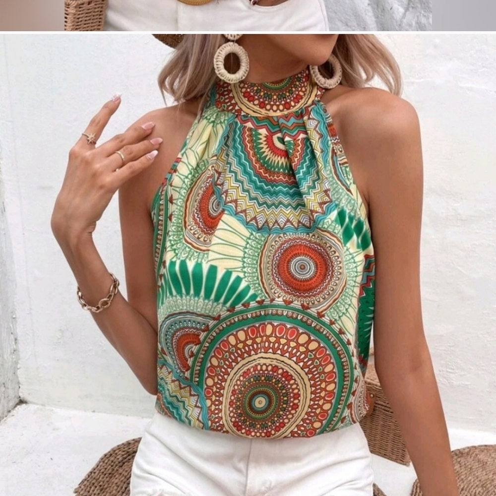 Bohemian Green Halter Neck Blouse